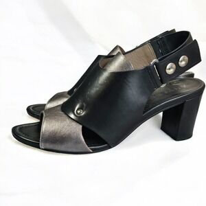ANYI LU Womens Slingback Block Heel Sandals Black Metallic Leather Italy Size 41